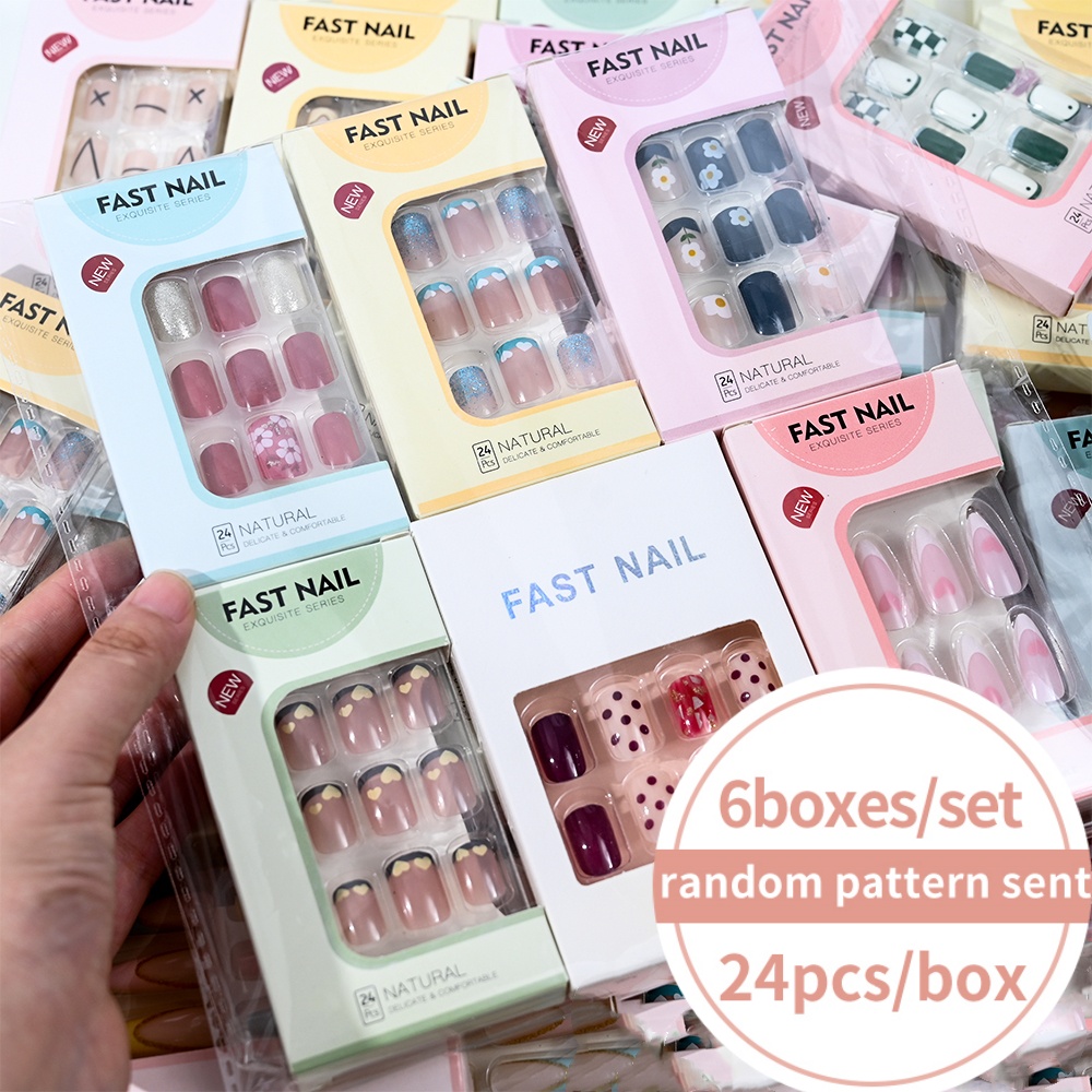 Nail Art Aesthetic - 6 علب/مجموعة أظافر صناعية قصيرة مربعة