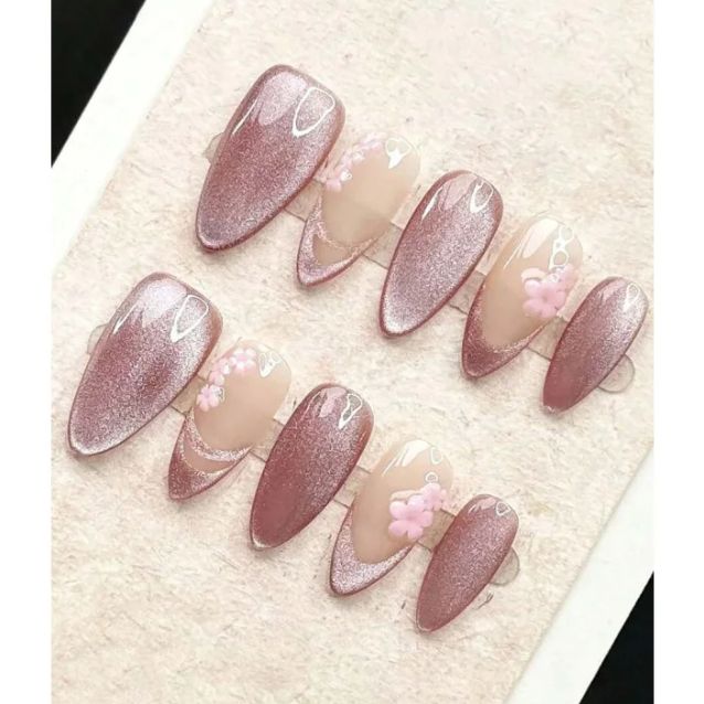 Nail Art Cat Eye Simple - 10 قطع من أظافر اللوز المتوسطة