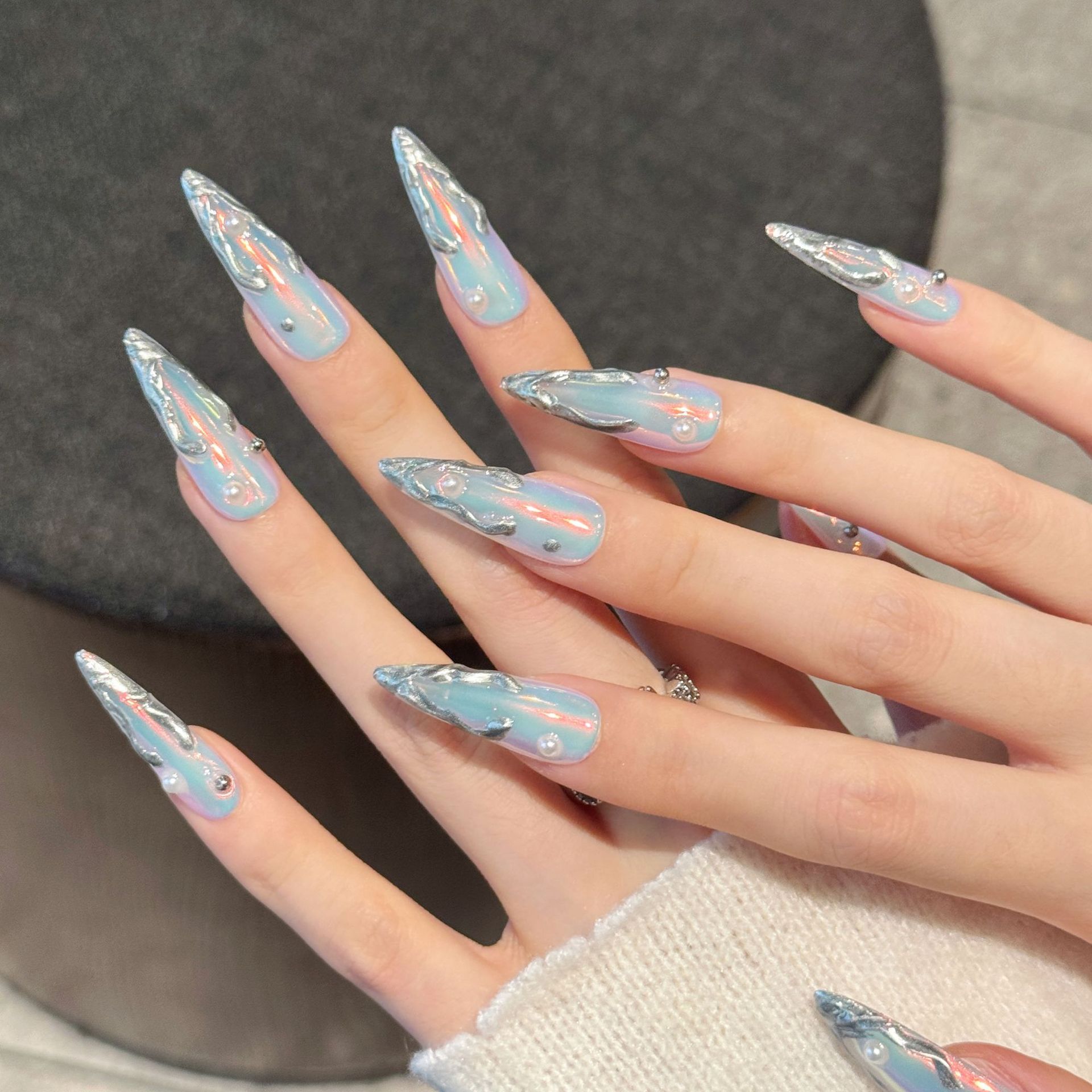 10 قطعة أورورا الفضة طويلة خنج - مراجعة Nail Art Aesthetic وسعره
