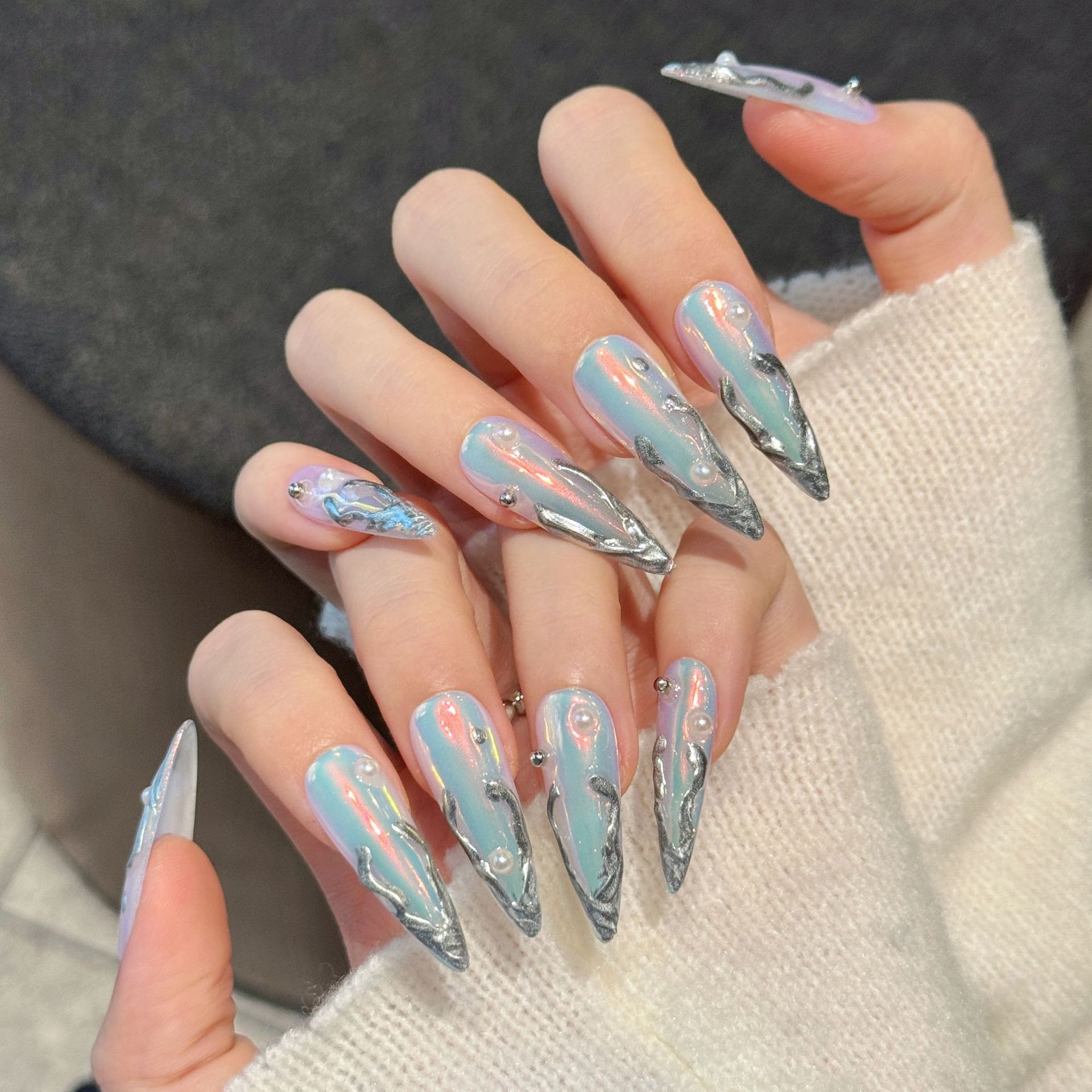 10 قطعة أورورا الفضة طويلة خنج - مراجعة Nail Art Aesthetic وسعره