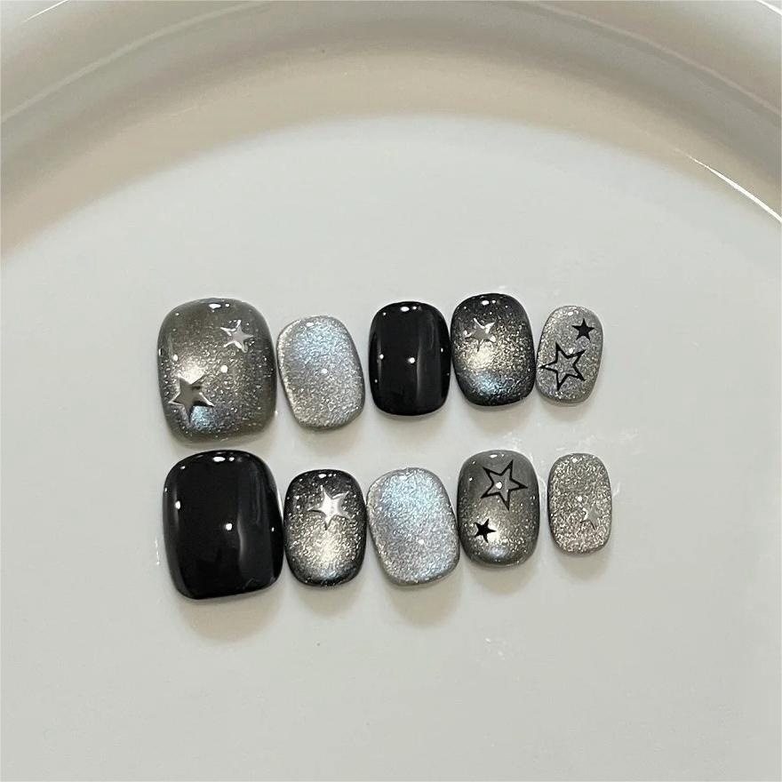 10 قطع أظافر صناعية قصيرة سودا - مراجعة Nail Art Cat Eye Simple وسعره